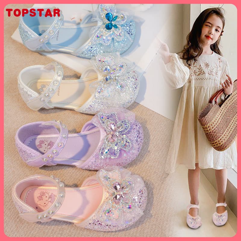 Sandálias de cristal para meninas, sapatos de couro estilo princesa com laço para meninas, sapatos de princesa com stras