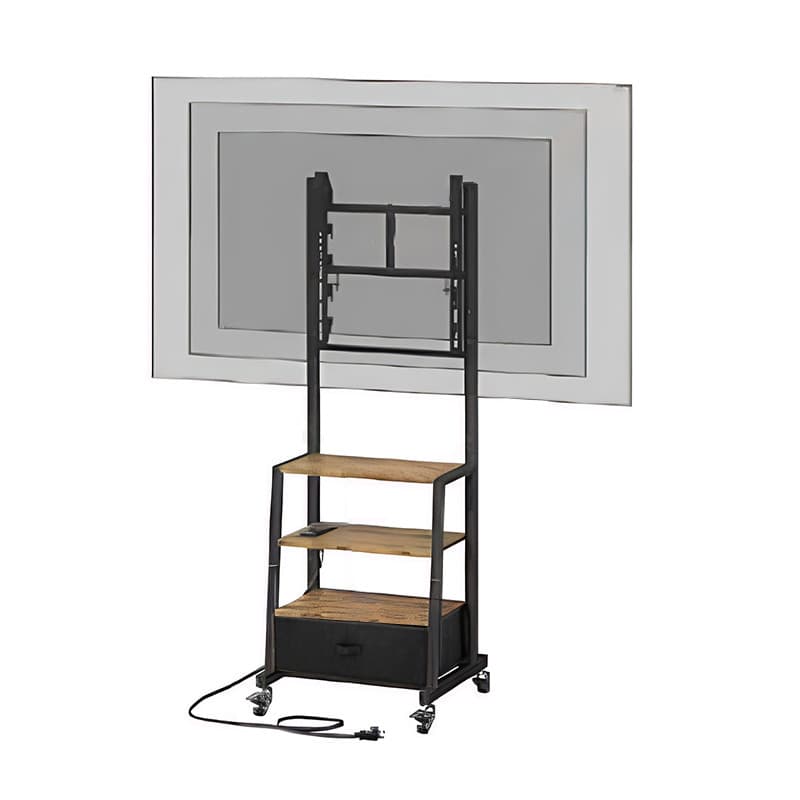 [Plugue americano]Drelife Suporte para TV ajustável estilo vintage com gaveta e rodas em aço/madeira para TVs 32-55 pol