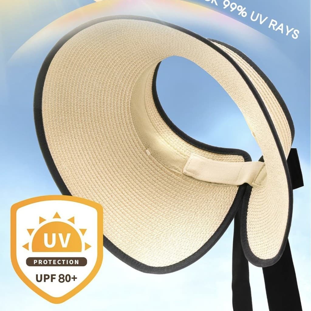 Chapéu feminino de verão com aba larga e laço, adequado para férias e uso na praia.