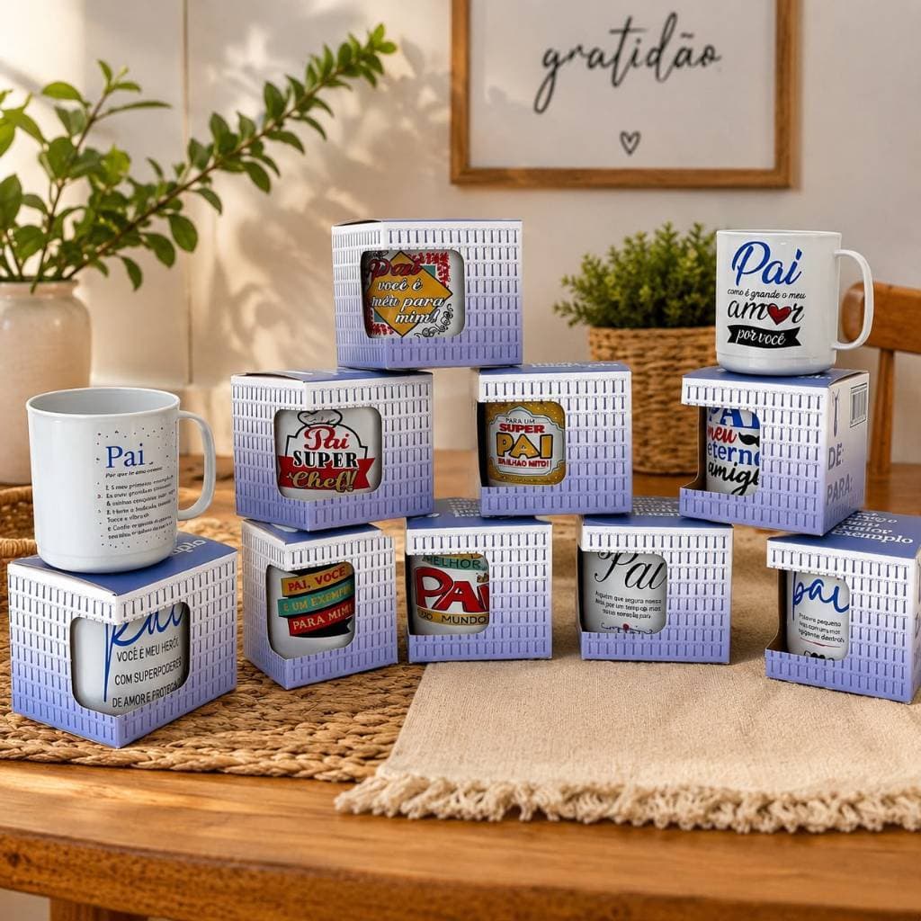 Kit 30 Canecas Presente de Pai Plástica 450ml Dia Dos Pais Com Caixinha Escola