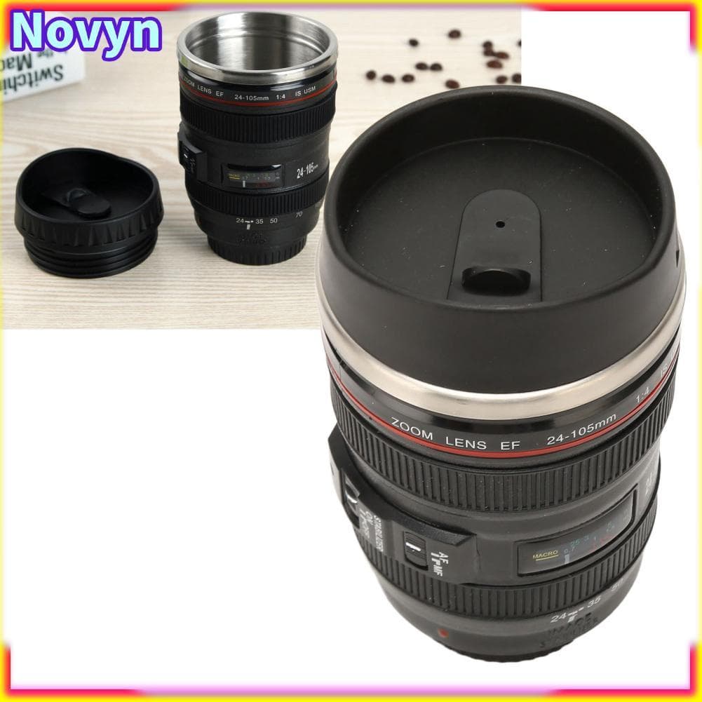 Caneca de café com lente de câmera, novidade térmica com tampa, copo de viagem de aço inoxidável, canecas fotográficas,