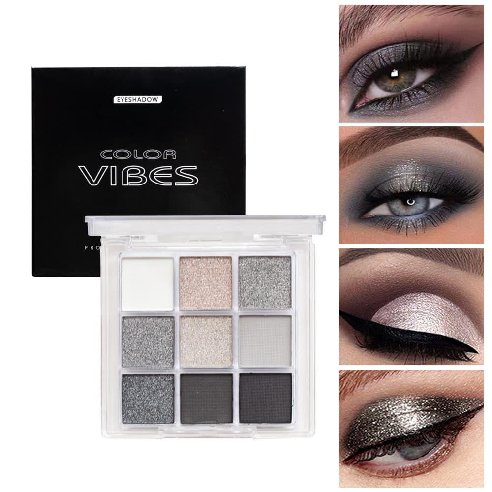 Paleta de sombras para olhos em estilo dark punk smoky, nove cores em preto e branco com acabamento metálico fosco, à pr