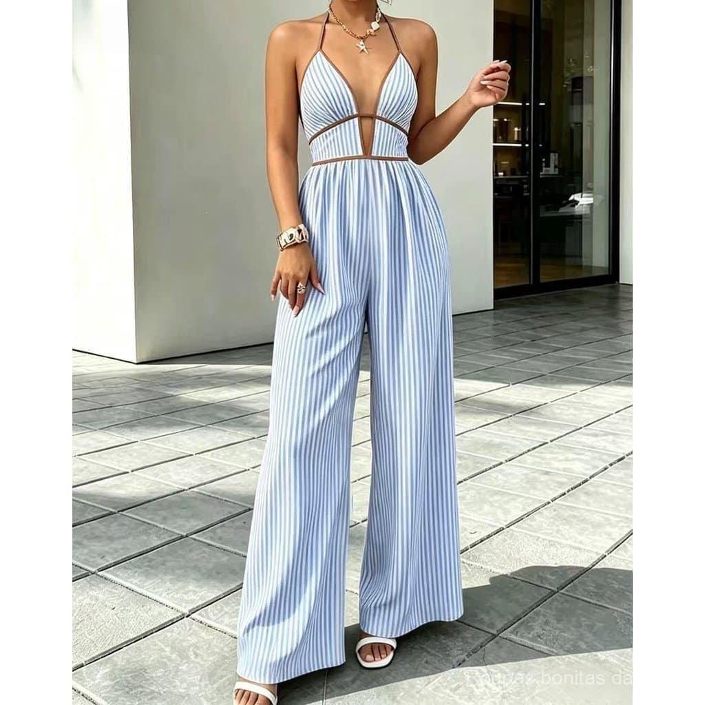 Macacão sem mangas/Macacão listrado com decote halter, costas abertas e cintura marcada/Roupas casuais femininas de esti