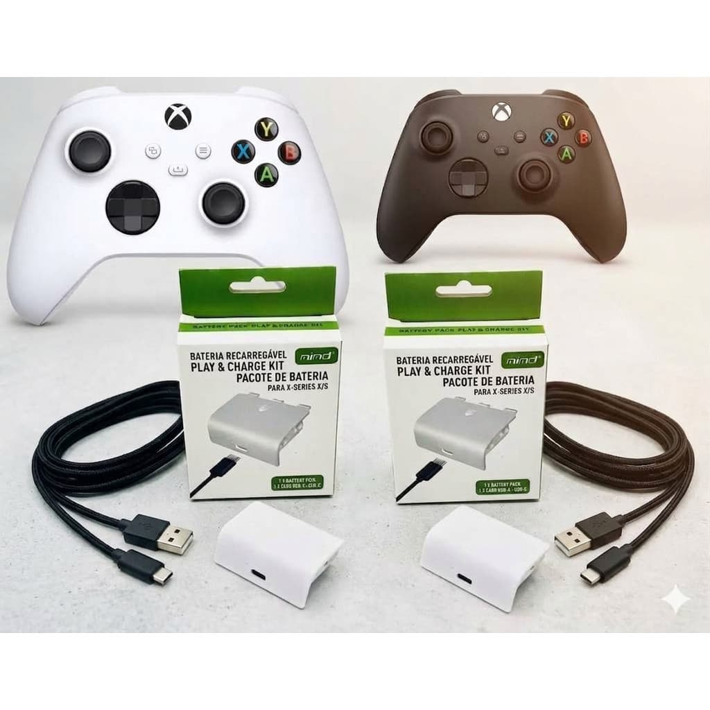 KIT 2 Bat. e Cabos Xbox Series Carregador Para Controle XBox Series S/X Branca