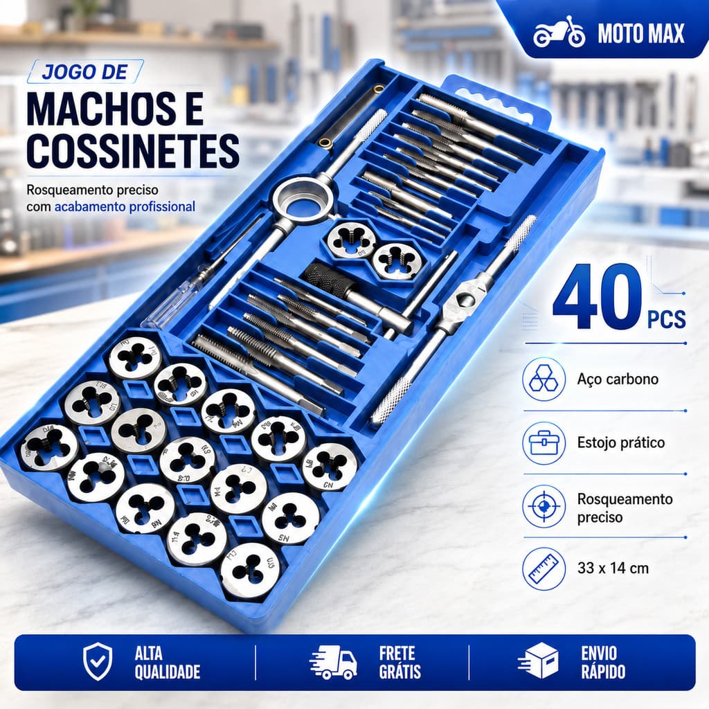 Jogo de Tarrachas e Machos 40 Peças para Abrir Rosca Manual Kit Completo M3-M12 com Chave Vira Macho e Estojo Prático