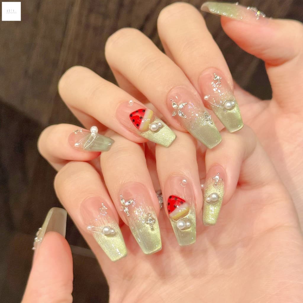 10 Pçs Artesanal Melancia Imprensa Em Unhas Com Zircão Strass Gradiente Blush Design Para Mulheres E Meninas Verão Decor