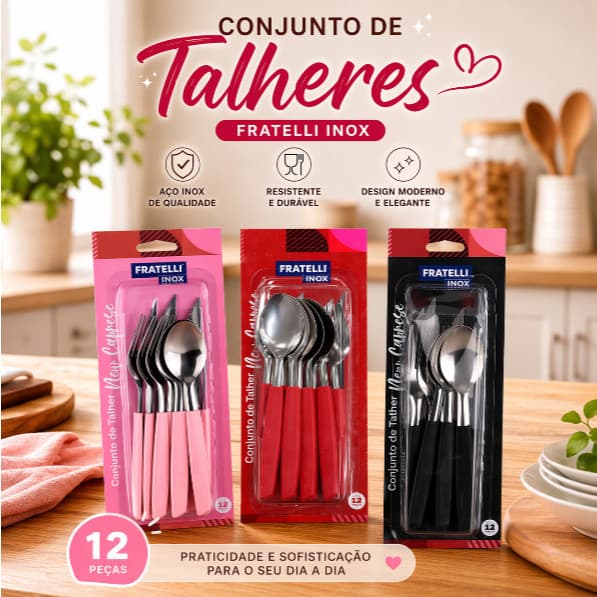 Conjunto de Talheres 12 Peças Aço Inox Preto/Vermelho/Rosa Completo kit Faqueiro Jogo Talher Cozinha