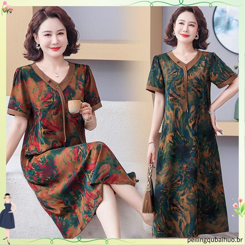 Nova mãe idosa de meia-idade solta vestido de verão de manga curta mais magro olhar estilo chinês temperamento saia eleg
