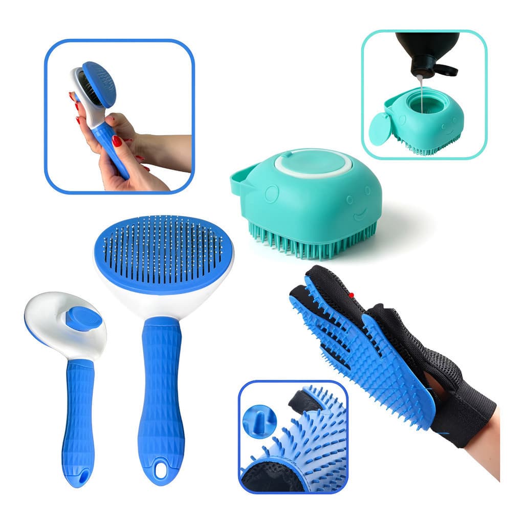 Kit Banho Pet 3 Em 1 Escova Shampoo Luva E Rasqueadeira