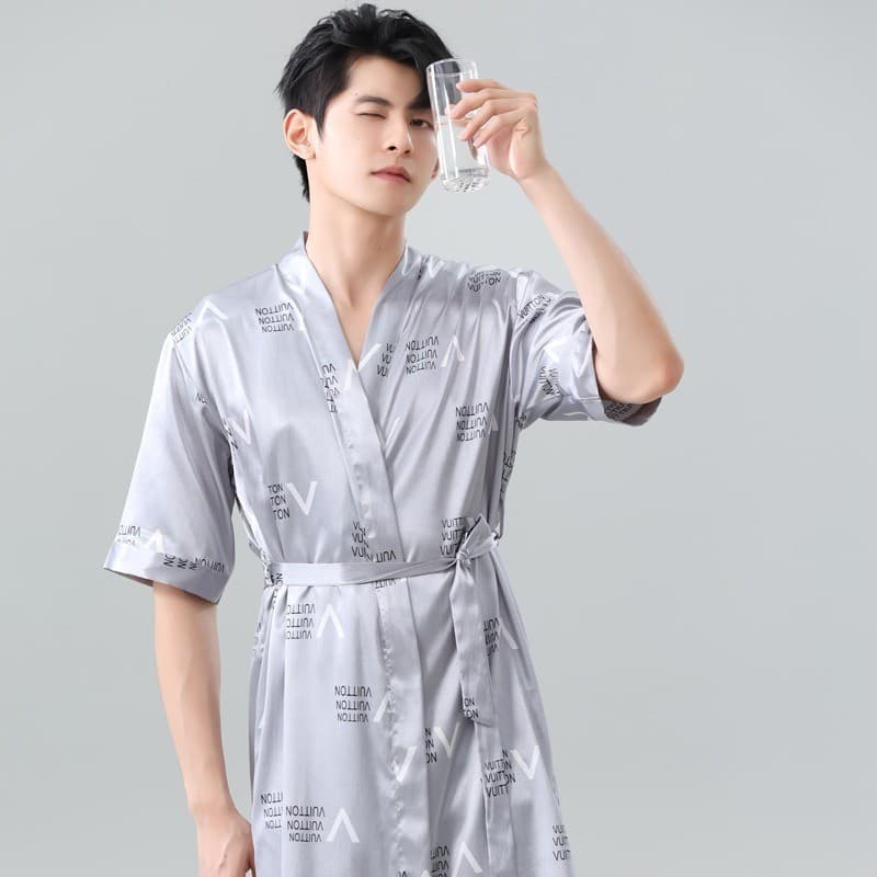 Camisola tamanho grande simulação de seda masculina gelo seda fina roupão primavera outono Homewear pijamas masculinos 8