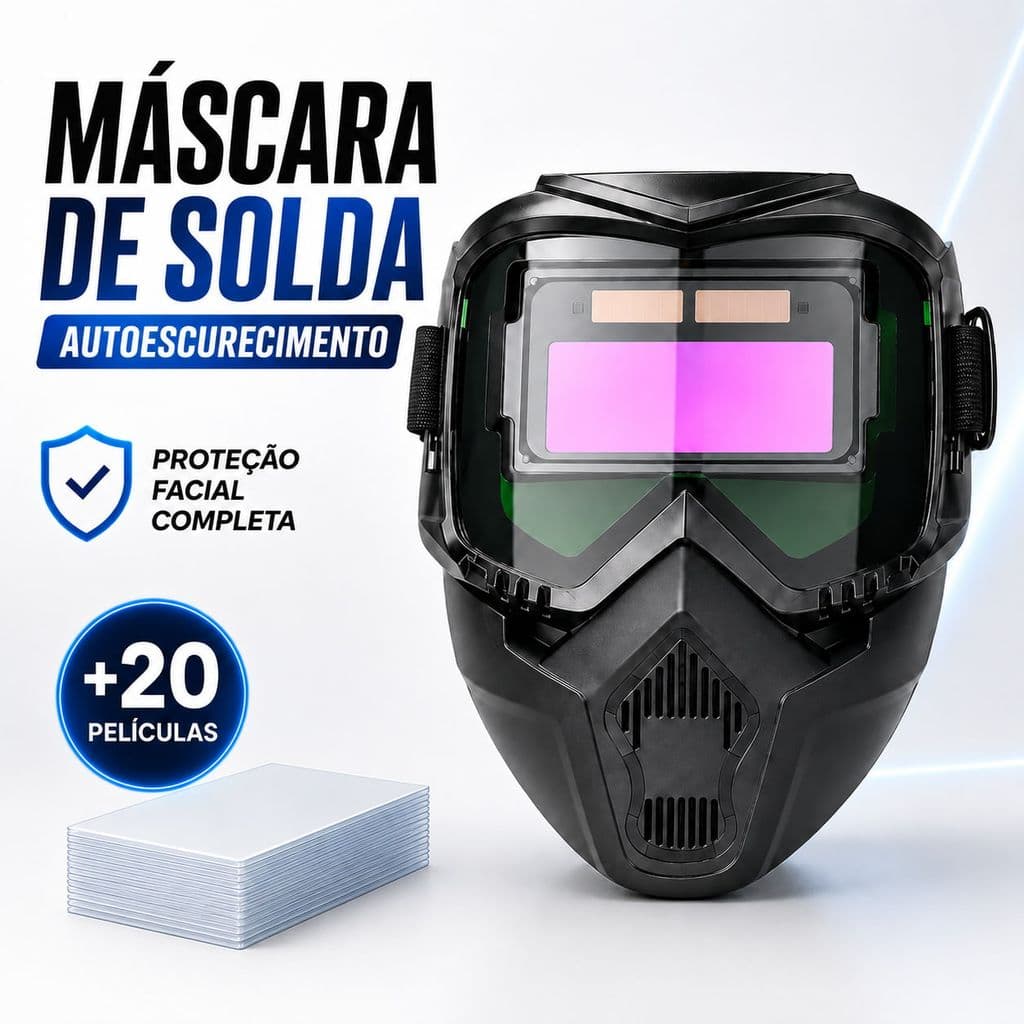 Máscara Automática para Soldagem com Visor Solar + 20 Lentes de Reposição e Cinta Elástica