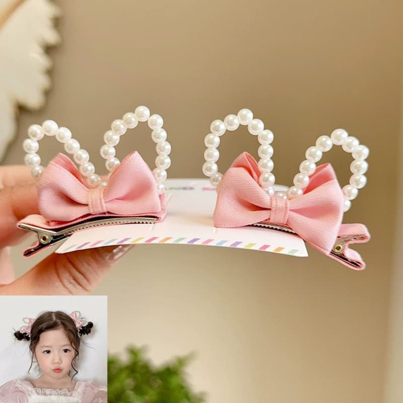 Grampo De Cabelo Com Laço De Orelha De Coelho Pérola Rosa Infantil Franja Lateral Acessório
