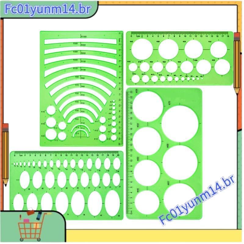 Modelo De Réguas De Plástico , 4 Peças , Círculo Oval , Raio , Modelos De Desenho Para E Material Escolar , Verde Limpo