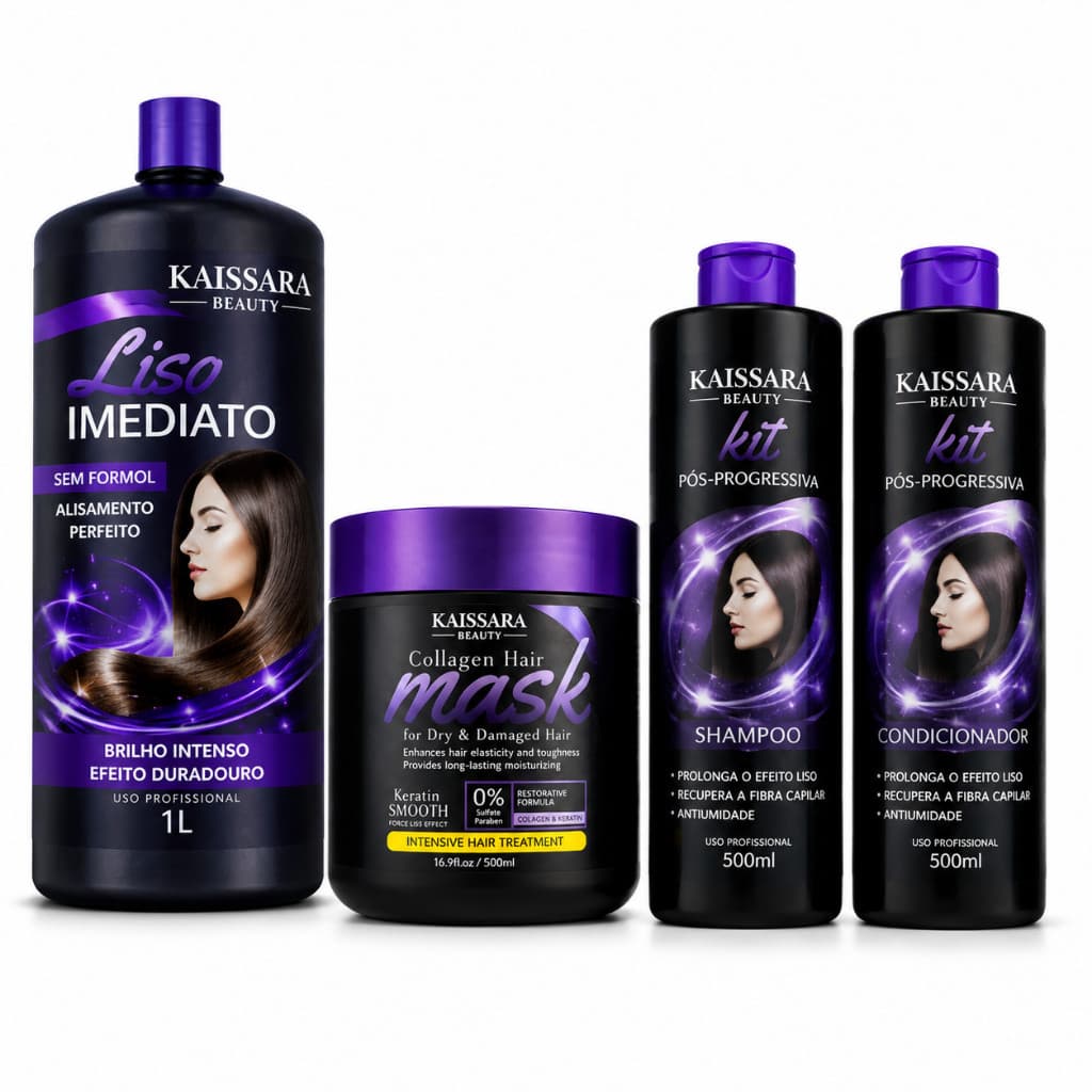 Kit Progressiva Kaissara Beauty – Liso Imediato + Máscara Collagen Hair + Shampoo e Condicionador Pós-Progressiva