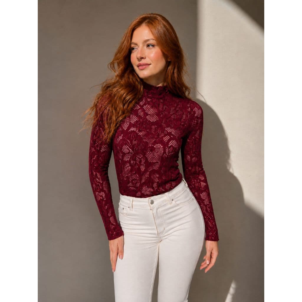 Body de Renda Feminino Gola Alta Manga Longa Moda Feminina