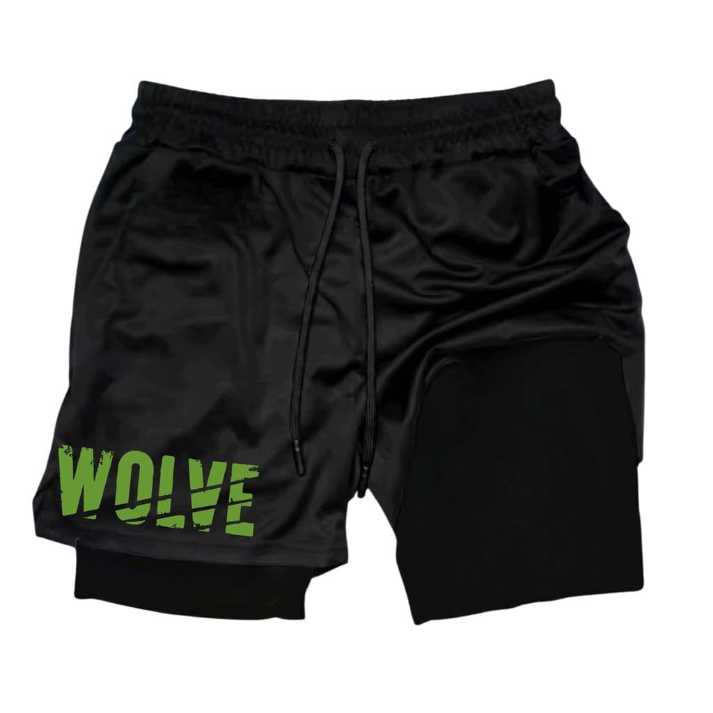 Shorts Bermuda 2 em 1 Estampada Arte Wolve Verde Para Academia treino compressão corrida fitness