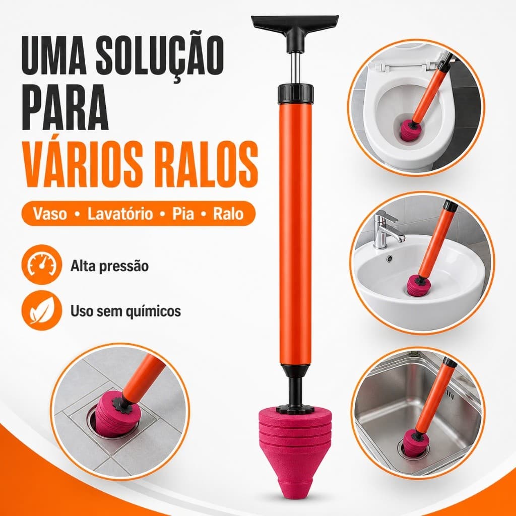 Desentupidor Vaso Sanitário Alta Pressão 60cm, Cabeça EVA Flexível 4-10cm, Bomba Manual para Pia Ralo Cozinha e Banheiro