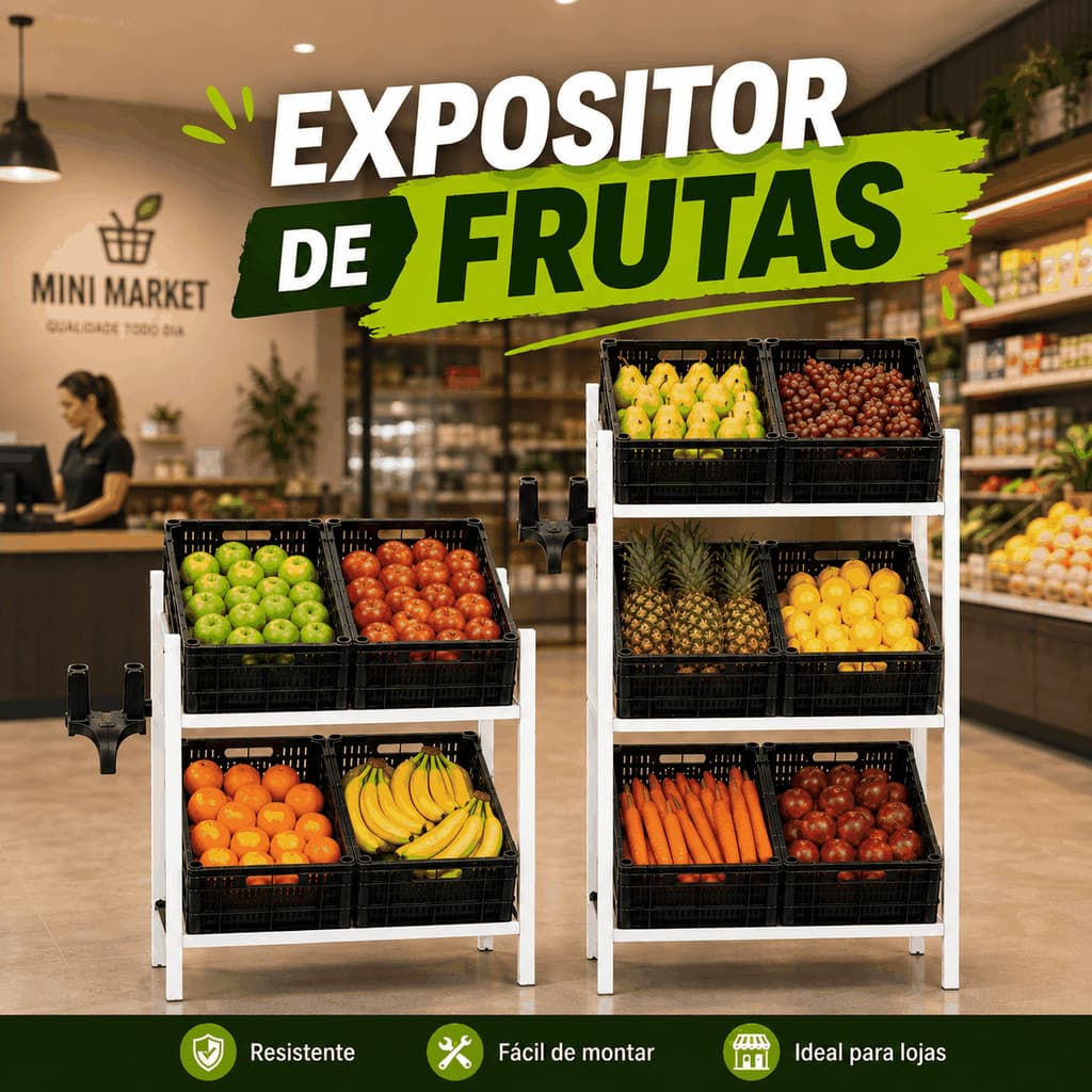 Expositor De Frutas 2 ou 3 Andares Caixas Hortifruti Organizador Frutas Legumes Verduras MecPet