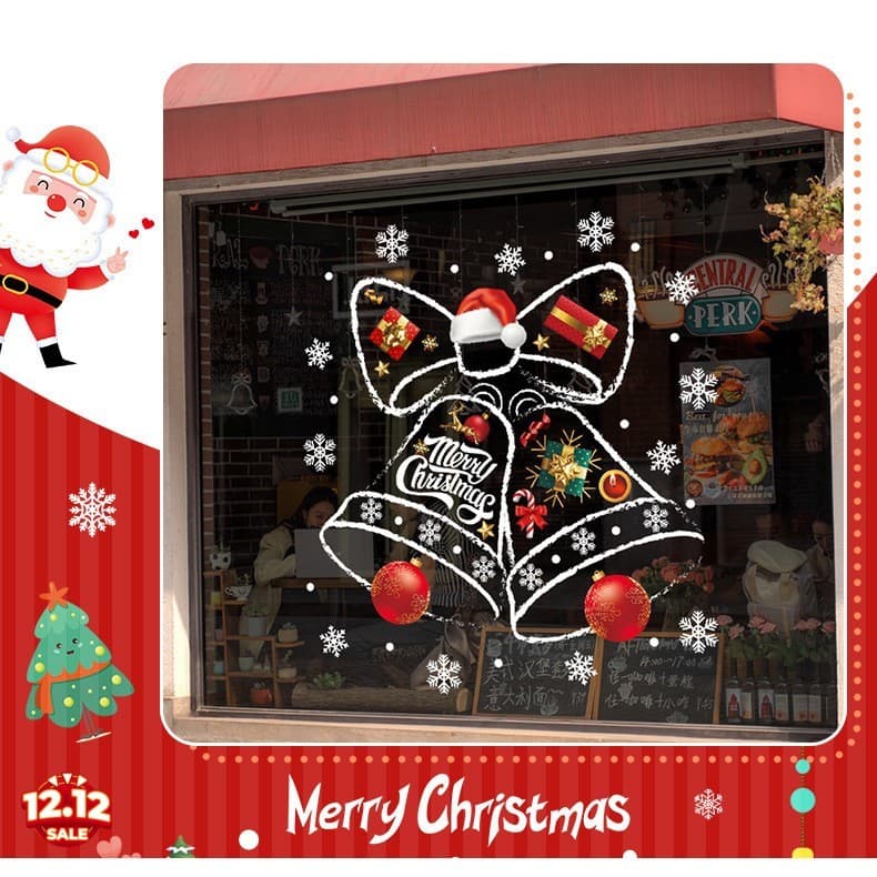 Adesivos De Vidro De Sino De Natal De 48x53cm-Decalques De Parede Sem Cola Para Atmosfera De Férias