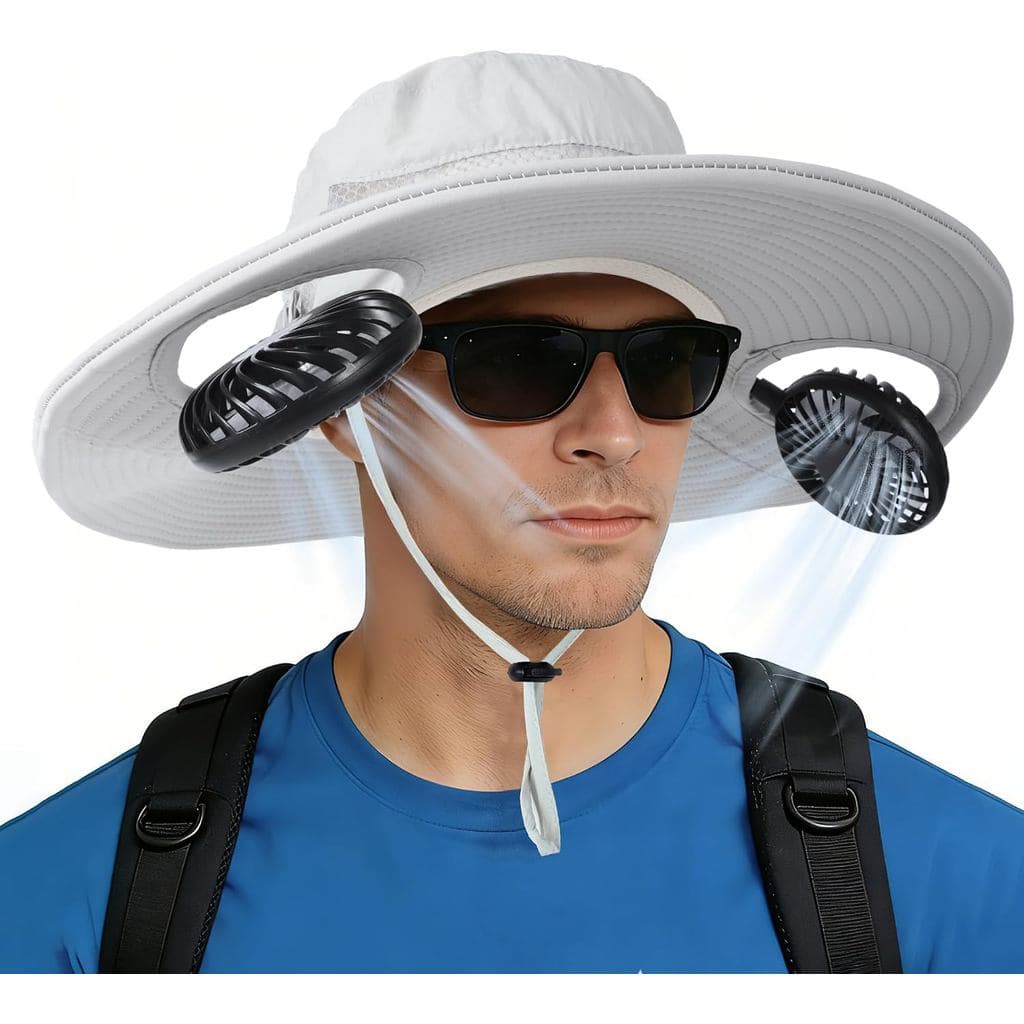 Chapéu com Ventilador 2 em 1, Chapéu de Sol de Aba Larga com Ventiladores de Pescoço Removíveis, Chapéus de Pesca Recarr