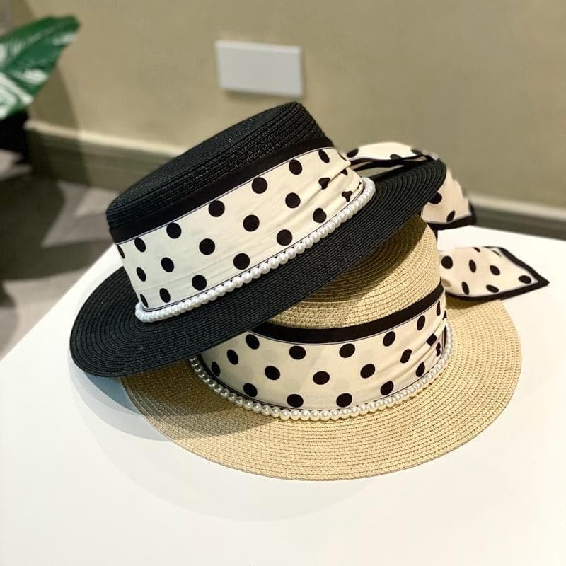 Simples bolinhas chapéu feminino guarda-sol protetor solar férias praia chapéu francês plana superior branco chapéu de v