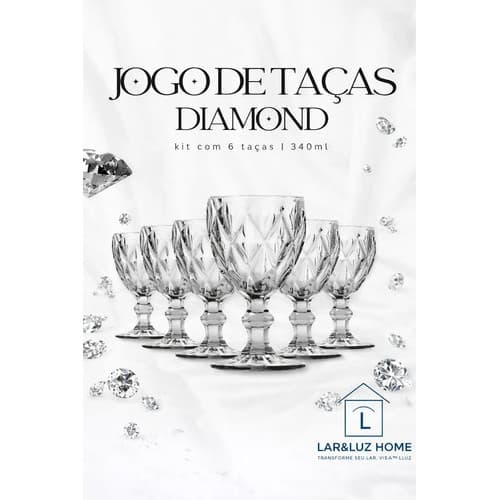 Jogo Kit 6 Taças Vidro 340ml Diamond Luxo Moderno Agua  Transparente