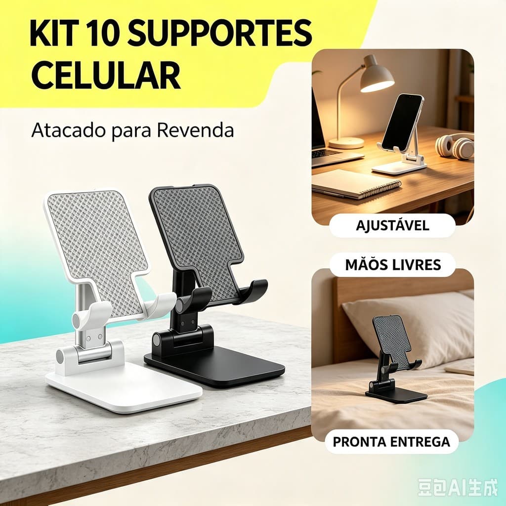 Kit 10 Suporte Universal Celular Tablet iPad Dobrável Ajustável Portátil Alumínio Mesa Compatível Todos Modelos Revenda