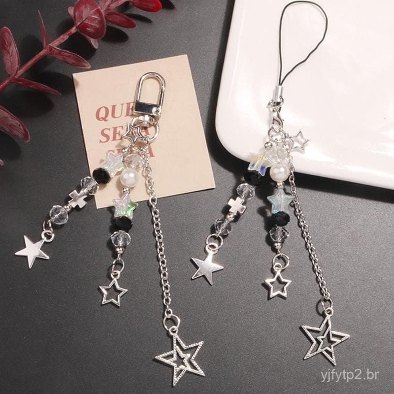 Chaveiro gótico Y2K com pingente de estrela e pérola, decoração de contas, corrente para bolsa, acessório fofo em par.