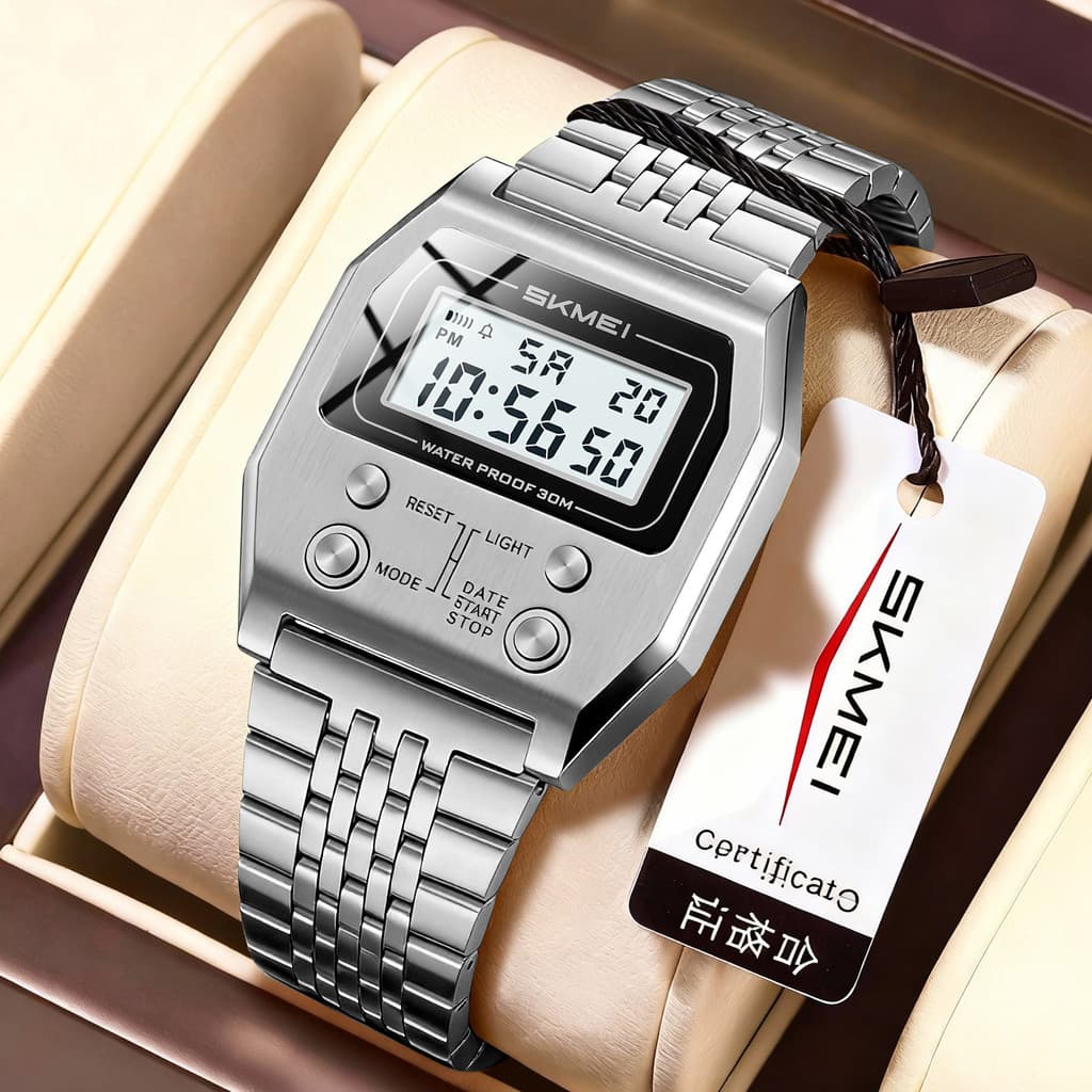 SKMEI momento beleza relógio eletrônico pequeno quadrado moda multifuncional relógio masculino pulseira de aço à prova d