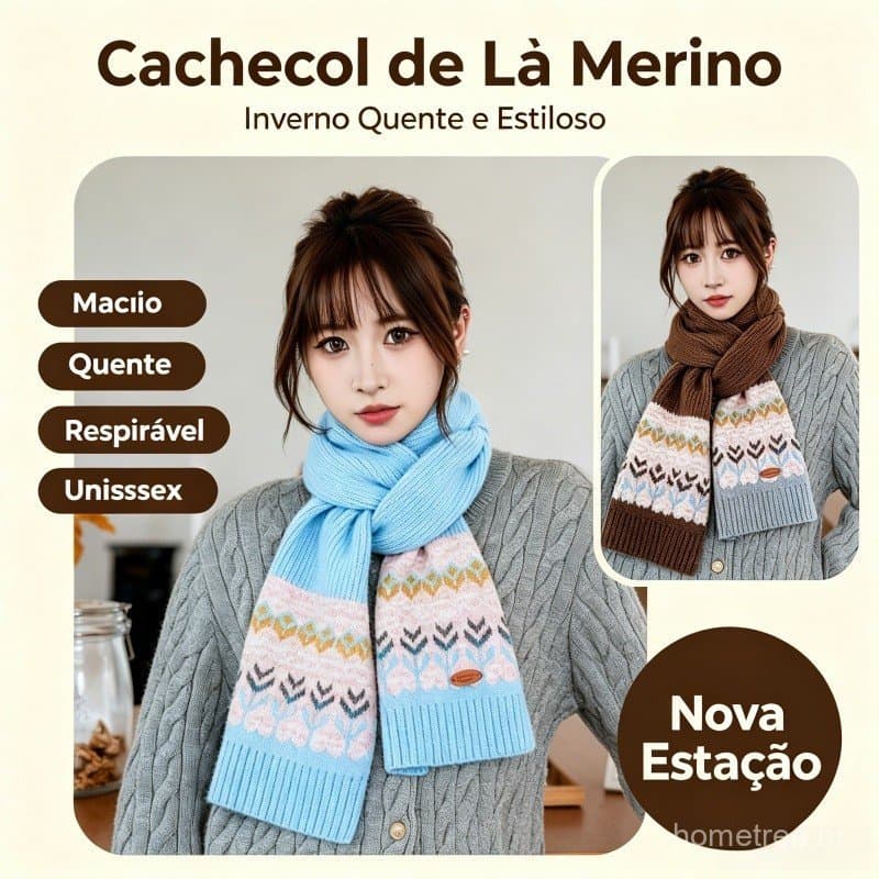 Cachecol de Tricô Fair Isle Vintage - Cachecol Feminino Longo Quentinho 160cm