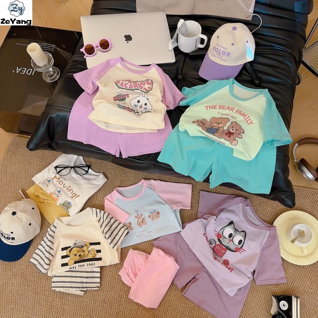 [ZY] 70-120 Pronto estoque Camiseta infantil de algodão puro de manga curta terno Casual de desenho animado roupas para