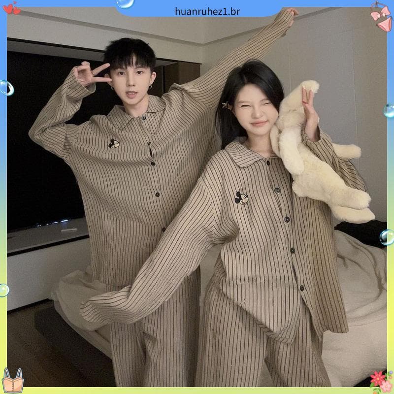 Merad casal pijamas feminino dos desenhos animados Mickey primavera outono pijamas masculinos de manga comprida fino de