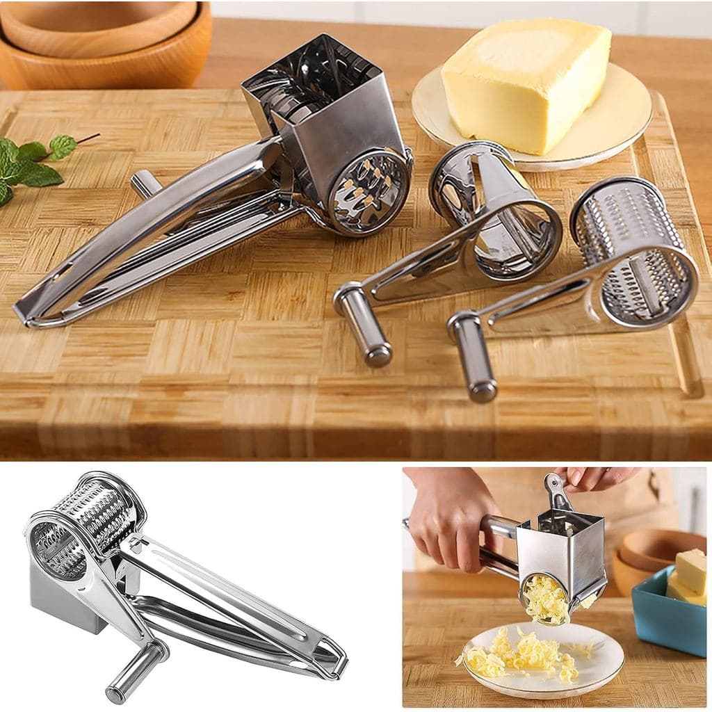 Ralador de Queijo Rotativo 3 em 1 de Aço Inoxidável, Ralador de Queijo com Manivela, Triturador de Queijo com 3 Lâminas