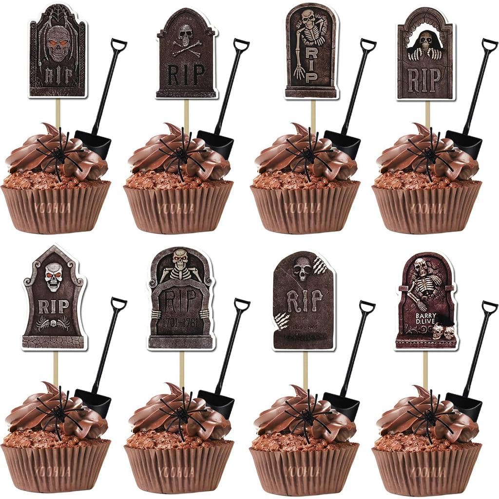 96 peças de enfeites para cupcakes de Halloween com mini colheres em formato de pá e aranhas, decorações para bolos, láp