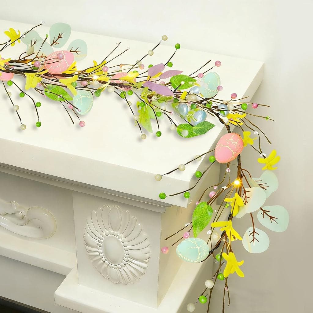 Guirlanda de Páscoa DR.DUDU de 1,80 m com Ovos de Páscoa, Guirlanda Floral Artificial Pré-Iluminada para Pendurar, Decor