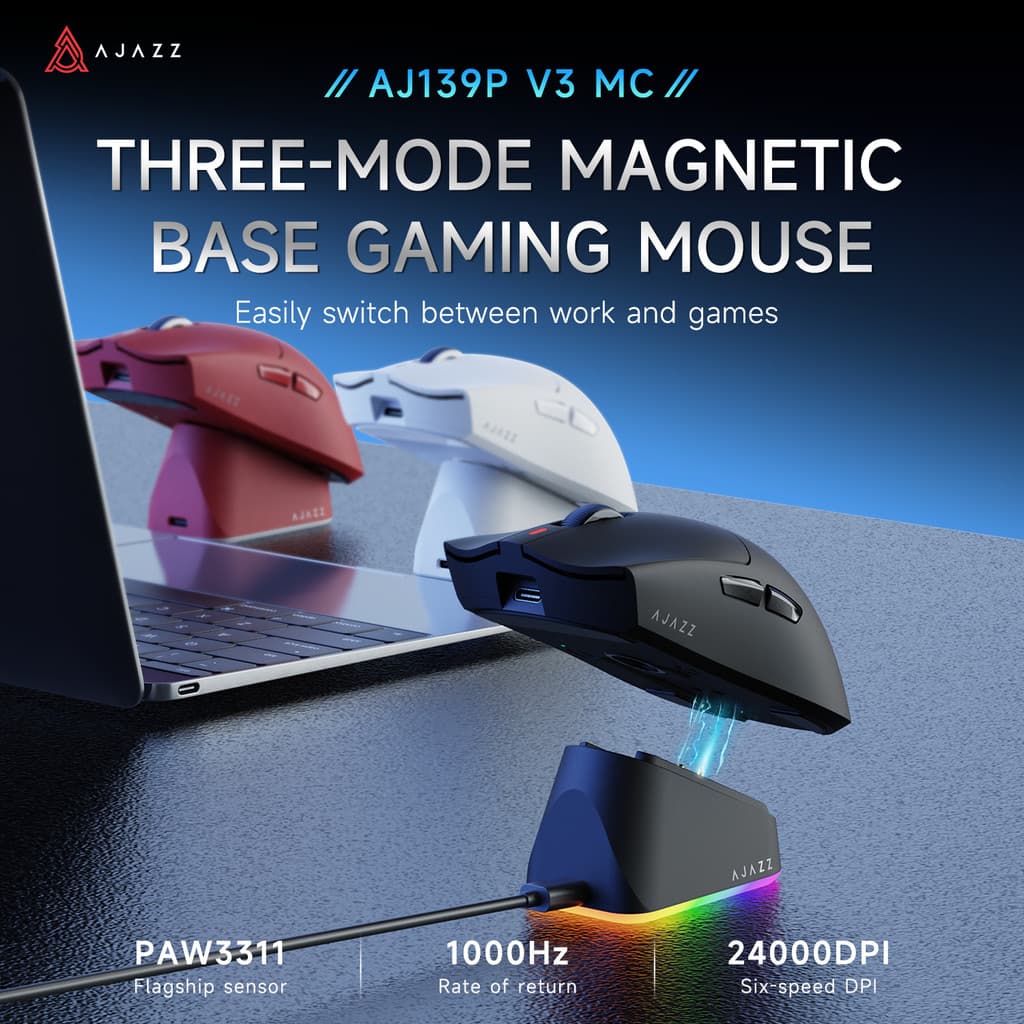 Ajazz AJ139P V3 MC Mouse Para Jogos Sem Fio Base De Carregamento Magnético PAW3311 Sensor Tri Mode De Escritório De Long