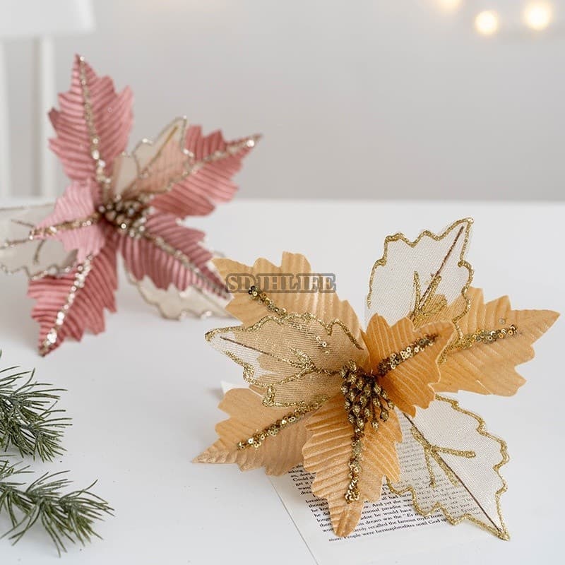 Guirlanda De Flores De Flanela De Natal Feita À Mão De 25 Cm-Decoração De Árvore De Vime Com Lantejoulas