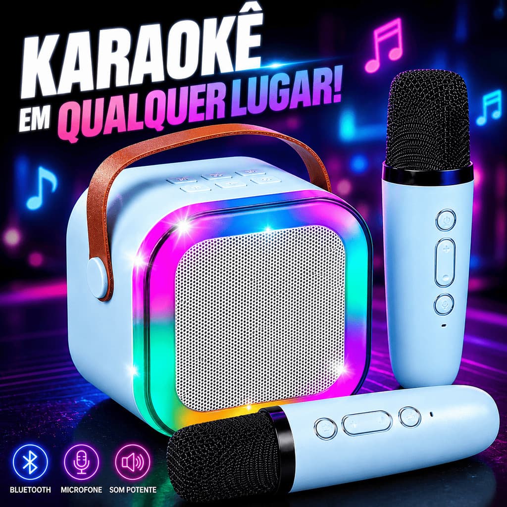 Caixa De Som Karaoke Com 2 Microfones Modificador De Voz Bateria Longa Duração Infantil Adulto Festa Infantil Show Top