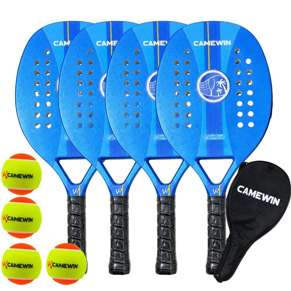 Kit 4 Raquetes Beach Tennis Camewin Carbono e Fibra de Vidro Leve + 4 Bolinhas e Bolsa Esporte Praia