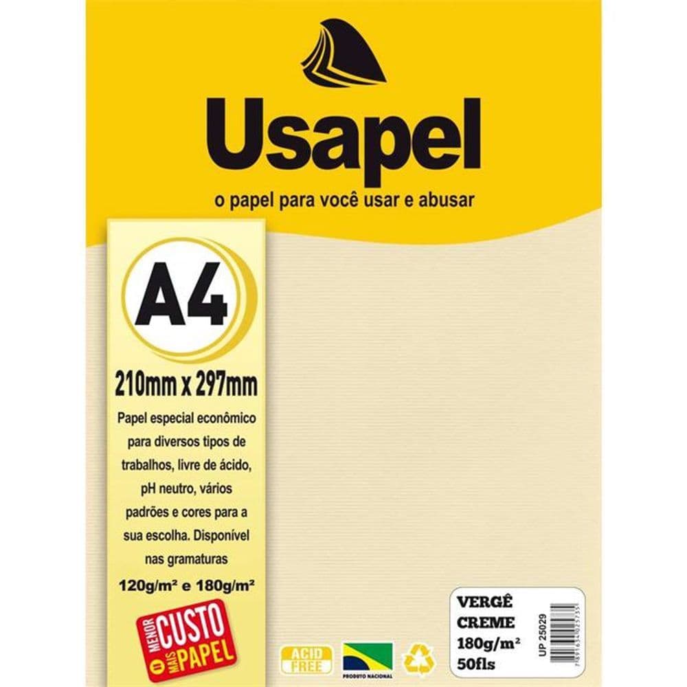 PAPEL USAPEL VERGE 180G 50F A4 REF 25029 - CREME