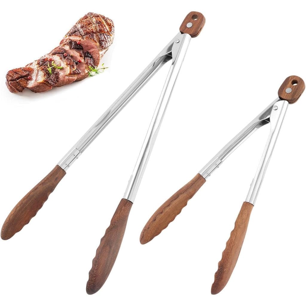Pinças de Madeira para Cozinhar, Pinças de Aço Inoxidável Antiderrapantes com Cabo Longo e Ponta de Madeira de Noz, com