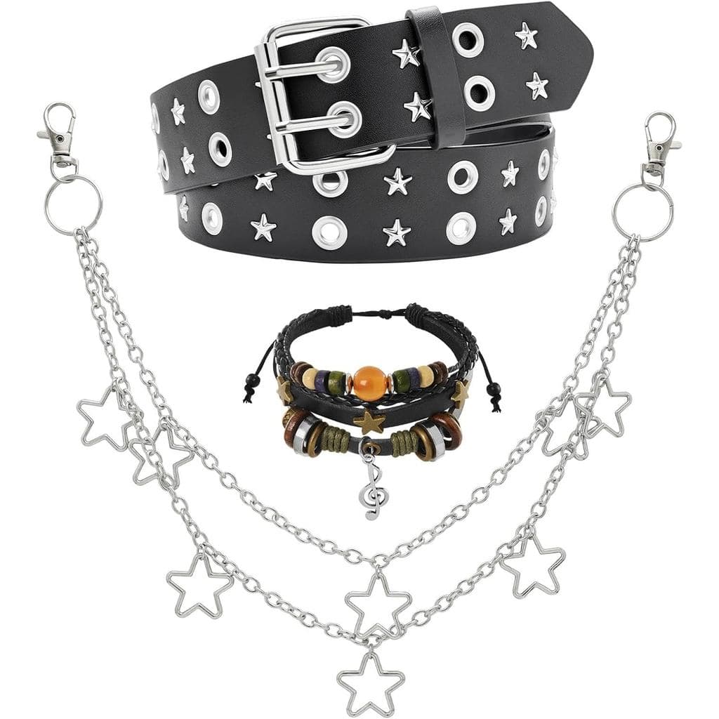 3 Peças: Cinto Estilo Grunge Y2K com Ilhós Duplos e Tachas em Forma de Estrela, Corrente para Calças e Pulseira Estilo F