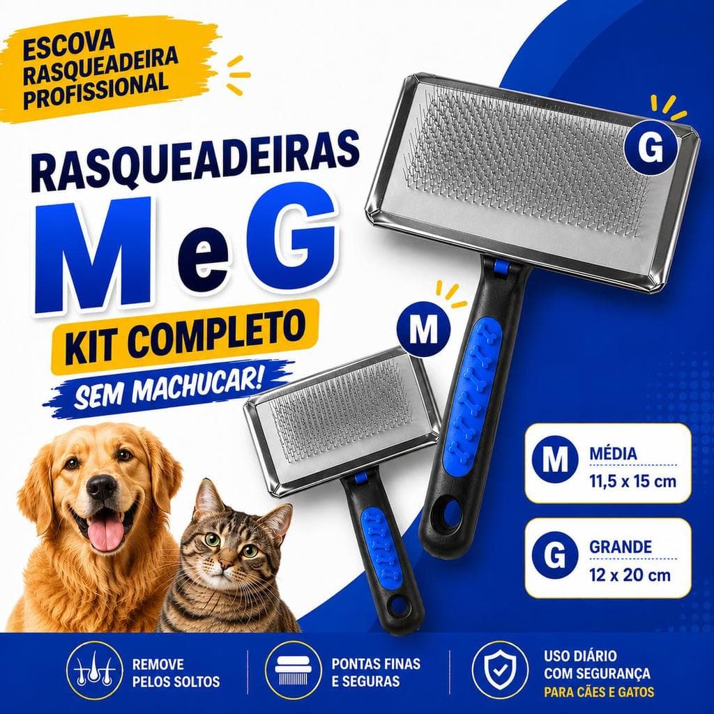 Rasqueadeira Profissional Cães Gatos Kit M e G Escova Tira Pelos Mortos Sem Machucar