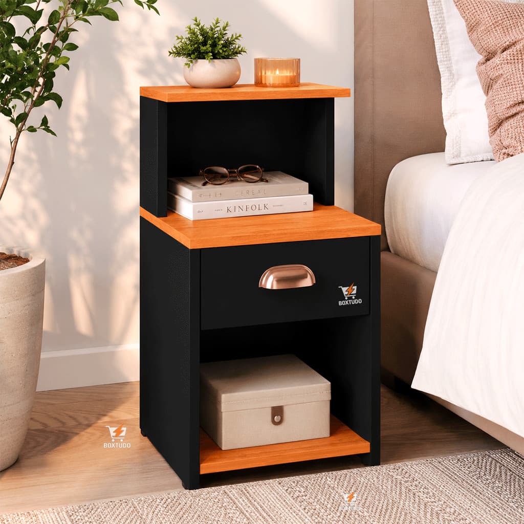 Mesa de Cabeceira Criado Mudo com Gaveta e Nichos e Prateleira Cama Cleo Organizador Compacto para Quarto