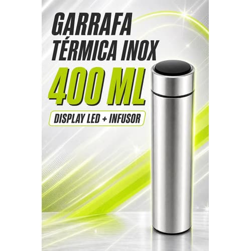 Garrafa Térmica Inox 400ml Prateada com Display LED de Temperatura e Infusor para Café Chá Água Quente Fria Premium