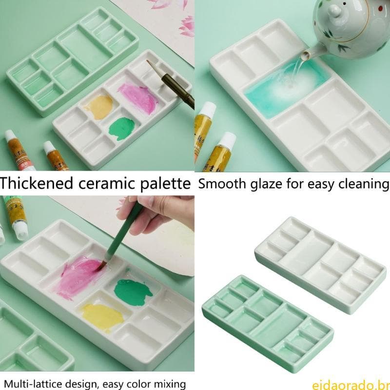 9 Poços Paleta Pintura Cerâmica Bandeja Mistura Portátil Para Óleo Aquarela P