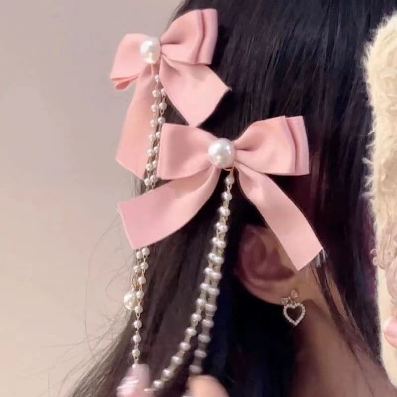 Laço rosa suave com franjas, acessório de cabelo de dupla utilização para a testa e a parte de trás da cabeça, presilha