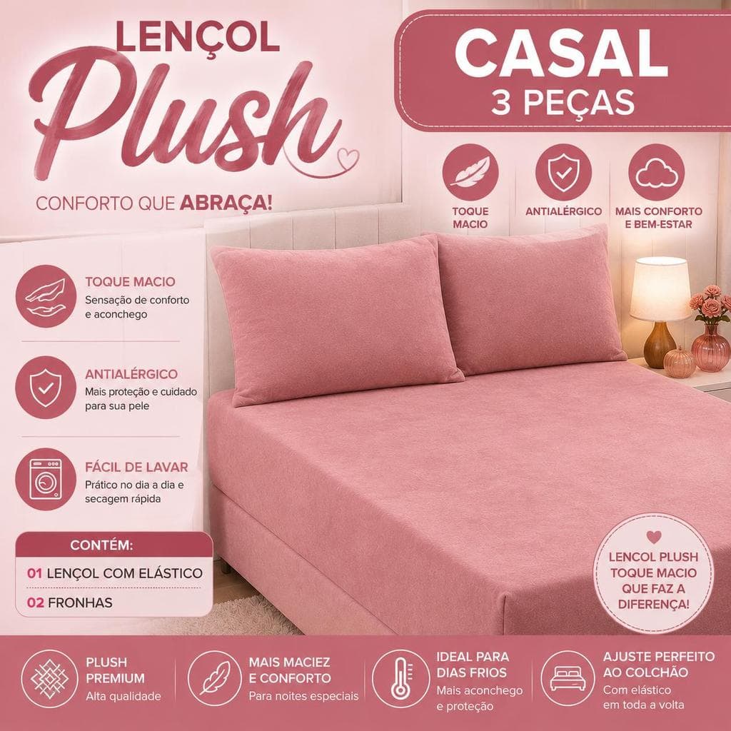 Lençol Plush Premium Manta Soft com Elástico - CASAL 3 PEÇAS