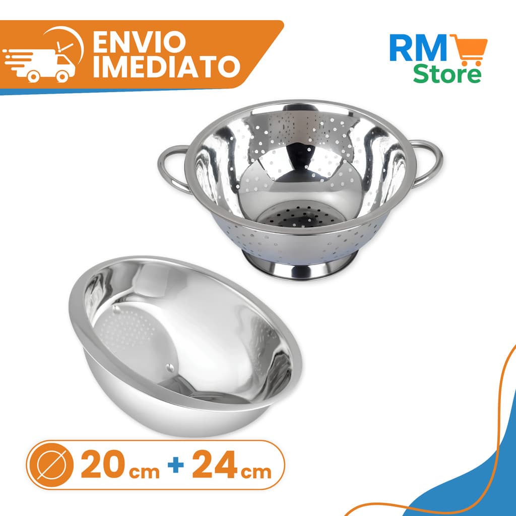 Kit Escorredor de Macarrão 24cm + Escorredor de Arroz 20cm em Aço Inox para Cozinha