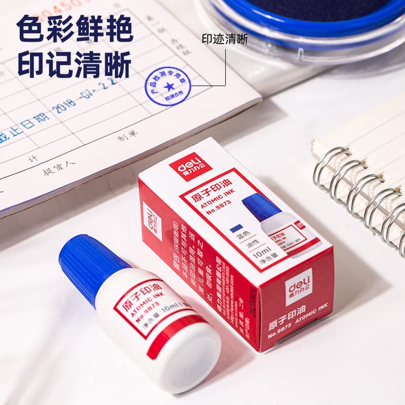 Deli 9873 Óleo de carimbo atômico vermelho 10ml Almofada de carimbo Almofada de carimbo Óleo de carimbo Vermelho Azul Su